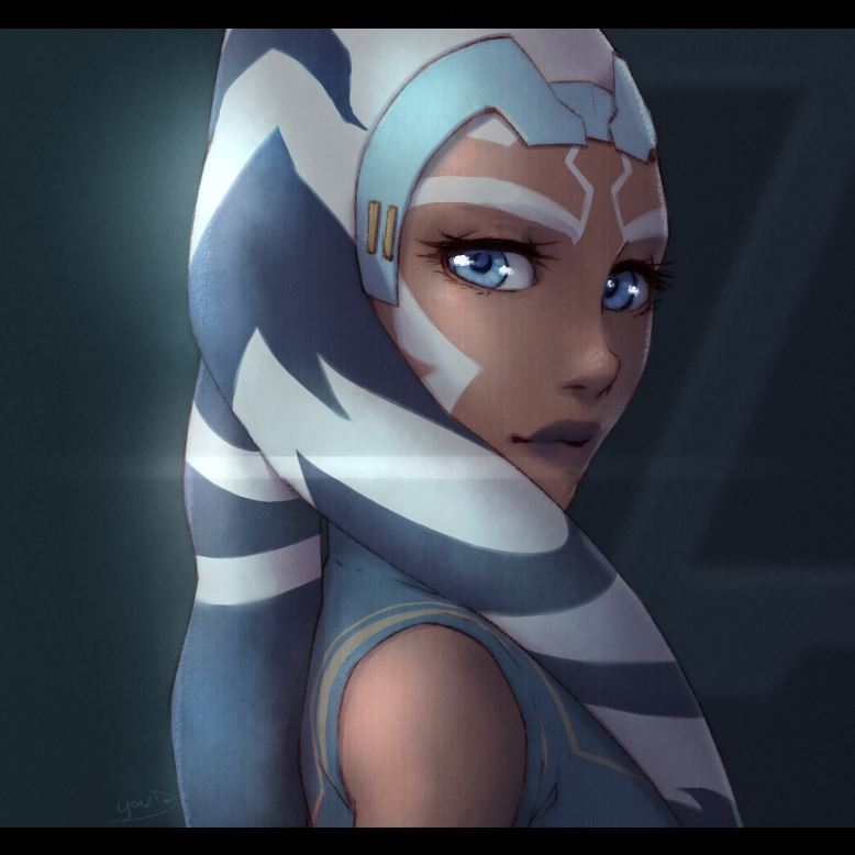 1girl ahsoka_tano blue_eyes blue_hair commentary english_commentary eyelashes facial_tattoo hair_over_shoulder lens_flare letterboxed lips looking_back multicolored_hair orange_skin sleeveless solo star_wars star_wars:_rebels star_wars:_the_clone_wars tattoo tentacle_hair togruta two-tone_hair white_hair yachibi