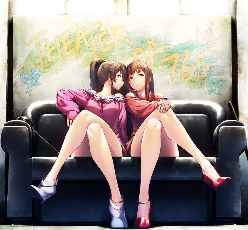 2girls anklet bangs bare_shoulders blue_eyes brown_eyes brown_hair closed_mouth commentary couch earrings full_body high_heels idolmaster idolmaster_million_live! jewelry legs long_hair looking_at_viewer multiple_girls nanaran off_shoulder pink_shirt place_name ponytail red_eyes red_footwear red_shirt satake_minako shirt sitting sleeves_past_wrists tanaka_kotoha thighs white_footwear