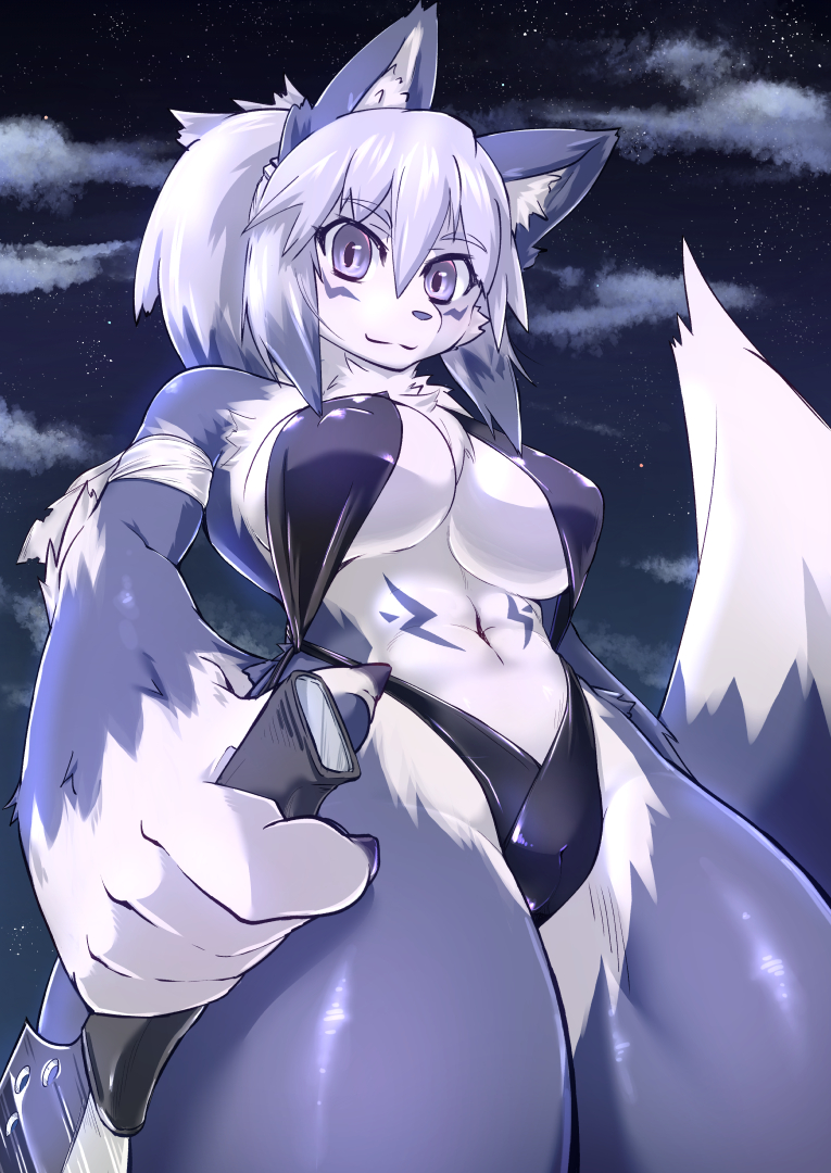1girl animal_ear_fluff animal_ears bandages bangs blue_eyes blue_fur breasts character_request clouds cowboy_shot dog dog_ears dog_girl dog_tail furry holding holding_weapon large_breasts long_hair looking_at_viewer navel night night_sky original pawpads sakamata3 silver_hair sky smile snout solo tail two-tone_fur weapon white_fur
