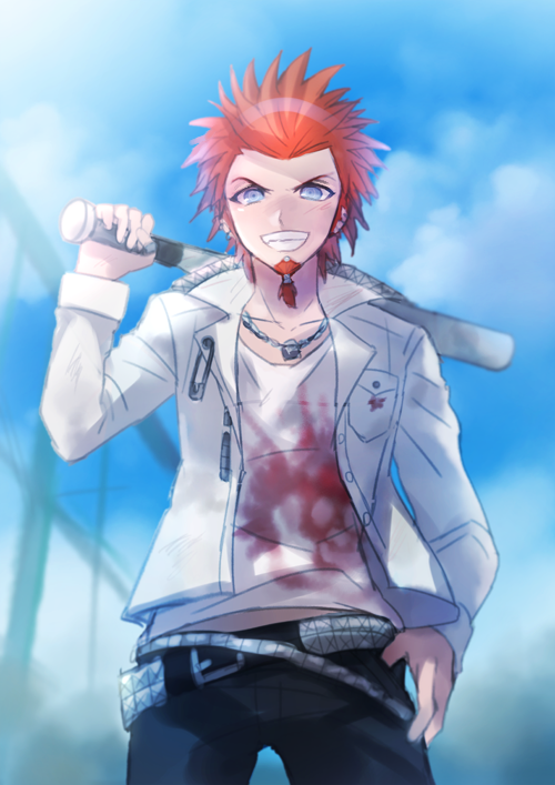 1boy arm_up baseball_bat beard belt belt_buckle black_belt black_pants blue_eyes blue_sky buckle chiko_(d04099) clenched_teeth clouds collar collarbone collared_jacket dangan_ronpa facial_hair high_collar holding holding_baseball_bat jacket jewelry kuwata_reon long_sleeves looking_at_viewer male_focus necklace open_clothes open_jacket orange_hair outdoors pants pocket shirt short_hair sky smile solo spiky_hair standing teeth white_jacket white_shirt