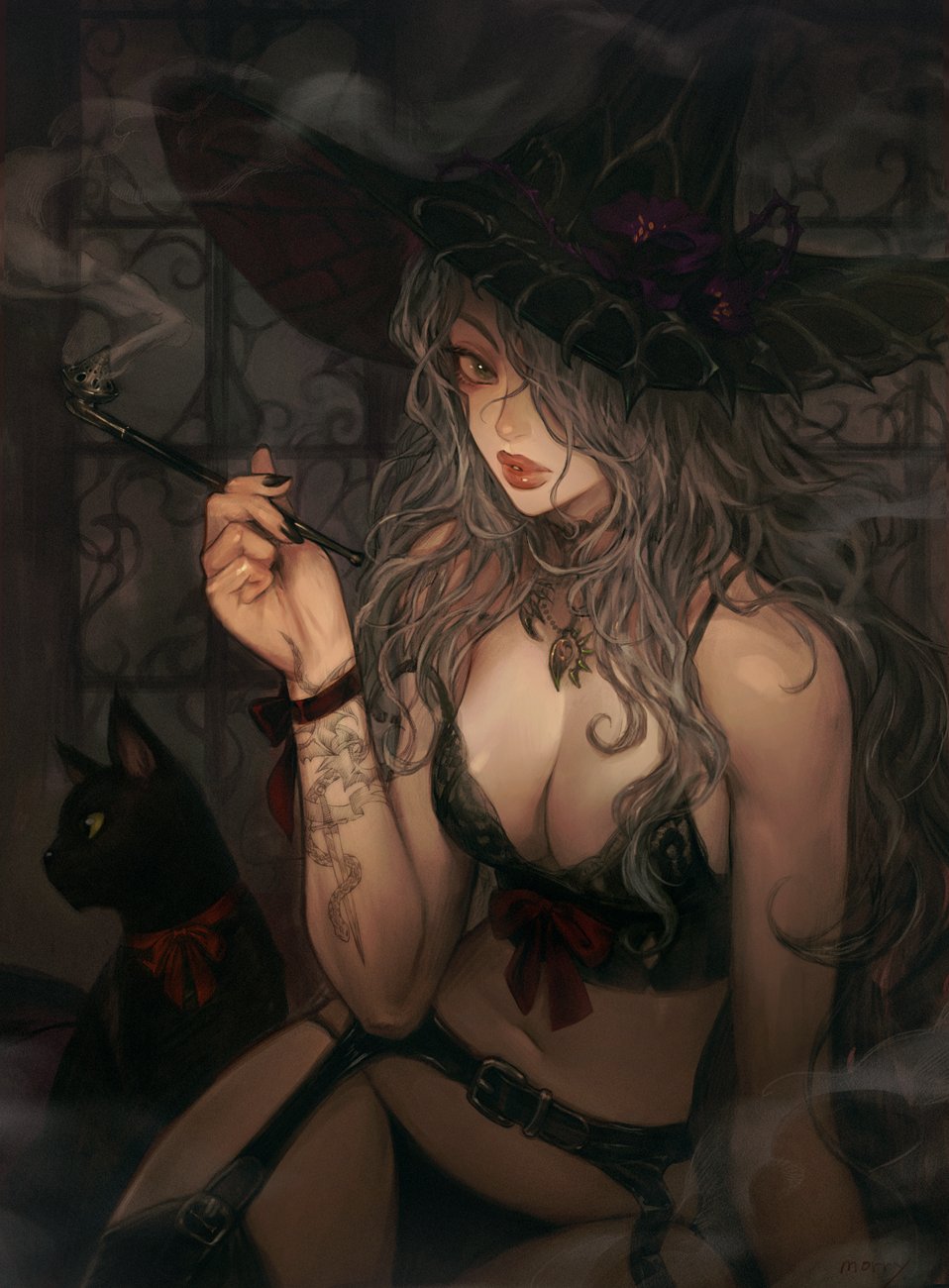 1girl animal arm_tattoo bare_shoulders black_bra black_eyes black_headwear black_nails bow bowtie bra cat flower garter_belt garter_straps green_eyes grey_hair hair_flower hair_ornament hair_over_one_eye hat highres holding holding_pipe jewelry long_hair morry navel necklace original panties parted_lips pipe purple_flower red_bow red_lips sitting smoke smoking tattoo underwear witch_hat