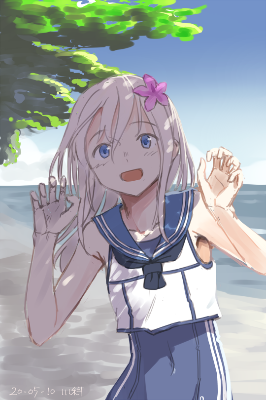 1girl arms_up bangs beach blush breasts collarbone crop_top dated eyebrows_visible_through_hair flower hair_flower hair_ornament kantai_collection kawashina_(momen_silicon) long_hair looking_at_viewer nontraditional_school_swimsuit one-piece_swimsuit open_mouth outdoors ro-500_(kantai_collection) sailor_collar school_swimsuit smile solo swimsuit tree