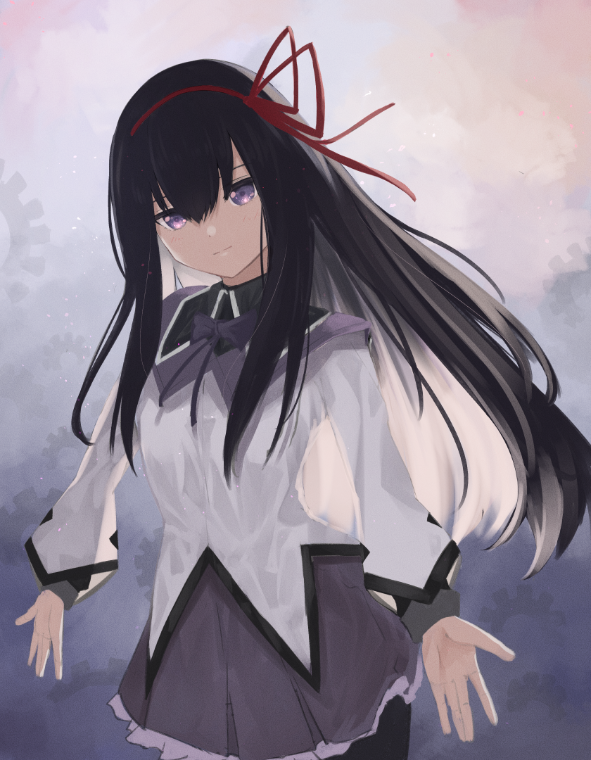 1girl akemi_homura bangs black_hair black_legwear bow commentary cowboy_shot expressionless gears gradient gradient_background hair_between_eyes hair_ribbon hairband long_hair magical_girl mahou_shoujo_madoka_magica outstretched_arms palms pantyhose purple_background purple_bow purple_neckwear purple_skirt red_ribbon ribbon shirt skirt solo violet_eyes white_shirt yamada_maya_(user_xmvn3833)