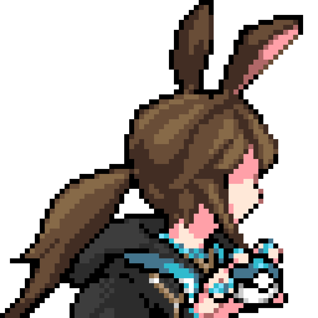 1girl amiya_(arknights) animal_ears arknights bangs black_jacket brown_hair commentary_request holding holding_poke_ball jacket long_hair long_sleeves papurika_modoki parody pixel_art poke_ball pokemon ponytail rabbit_ears sidelocks simple_background solo upper_body white_background