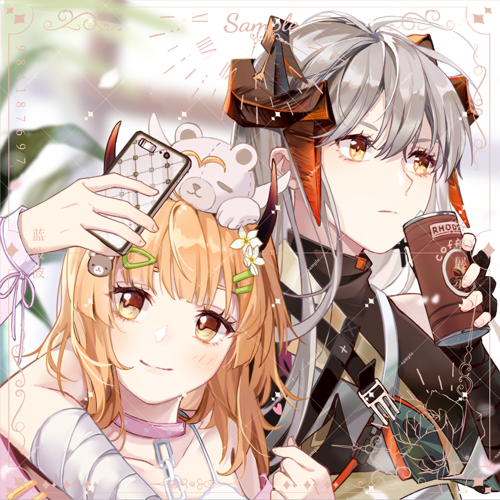 2girls arknights arm_around_shoulder bandages bangs black_gloves blonde_hair brown_eyes camisole can canned_coffee cellphone chain character_request choker fingerless_gloves flower gloves hair_between_eyes hair_flower hair_ornament hairclip hand_up head_tilt holding holding_can holding_phone horns lammmmmmbo long_hair multiple_girls phone pink_choker saria_(arknights) silver_hair smartphone spaghetti_strap upper_body white_flower wrist_wrap