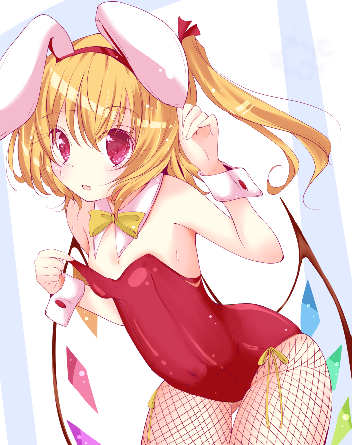 1girl animal_ears ass_visible_through_thighs blonde_hair blush bow bowtie bunny_girl commentary cowboy_shot crystal detached_collar fake_animal_ears fishnet_legwear fishnets flandre_scarlet hair_bow inasa_orange leotard looking_at_viewer open_mouth rabbit_ears red_bow red_eyes red_leotard side_ponytail slit_pupils solo sweat sweatdrop touhou wings wrist_cuffs yellow_bow