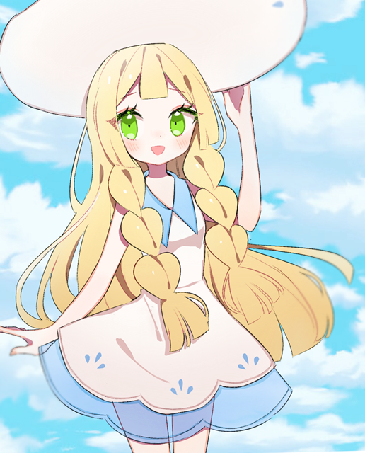 1girl :d bangs blonde_hair blue_sky clarevoir clouds cloudy_sky commentary day dress english_commentary eyelashes flat_chest green_eyes happy lillie_(pokemon) long_hair looking_at_viewer open_mouth outdoors pokemon pokemon_(game) pokemon_sm sky smile solo white_dress