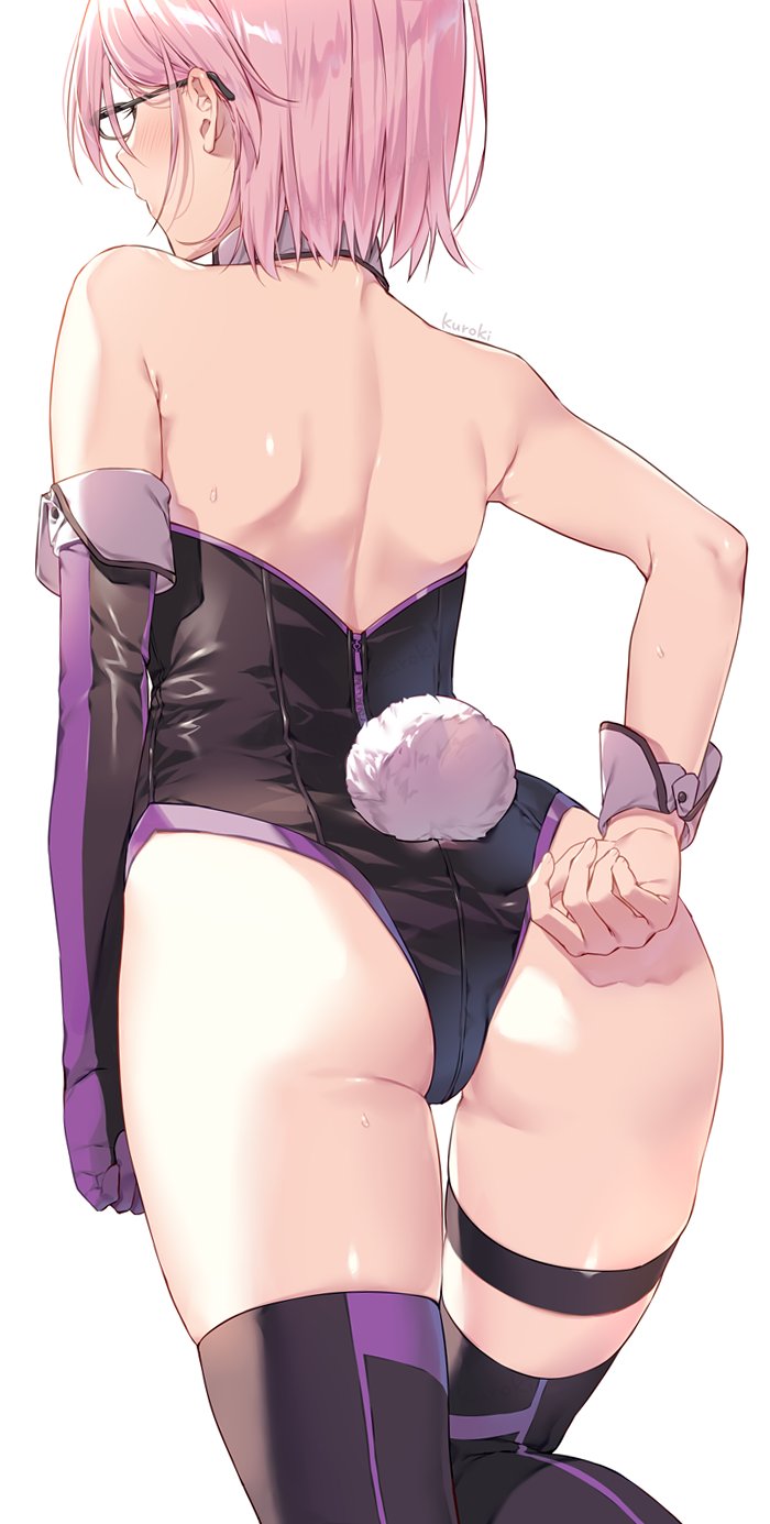 1girl adjusting_clothes ass bare_arms bare_shoulders black-framed_eyewear black_legwear black_leotard bunny_tail bunnysuit detached_collar elbow_gloves fake_tail fate/grand_order fate_(series) from_behind glasses gloves highres kuroki_(ma-na-tu) leg_up leotard mash_kyrielight pink_hair short_hair simple_background single_elbow_glove single_glove solo tail thigh-highs thigh_strap two-tone_gloves white_background wrist_cuffs