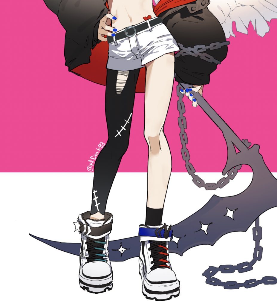 1girl black_jacket black_legwear blue_jacket blue_nails chain fingernails hand_on_hip heart holding holding_scythe holding_weapon jacket navel original puffy_sleeves scythe shoes simple_background single_wing sneakers solo standing torn_clothes torn_legwear torn_wings twitter_username type-alpha weapon white_footwear wings