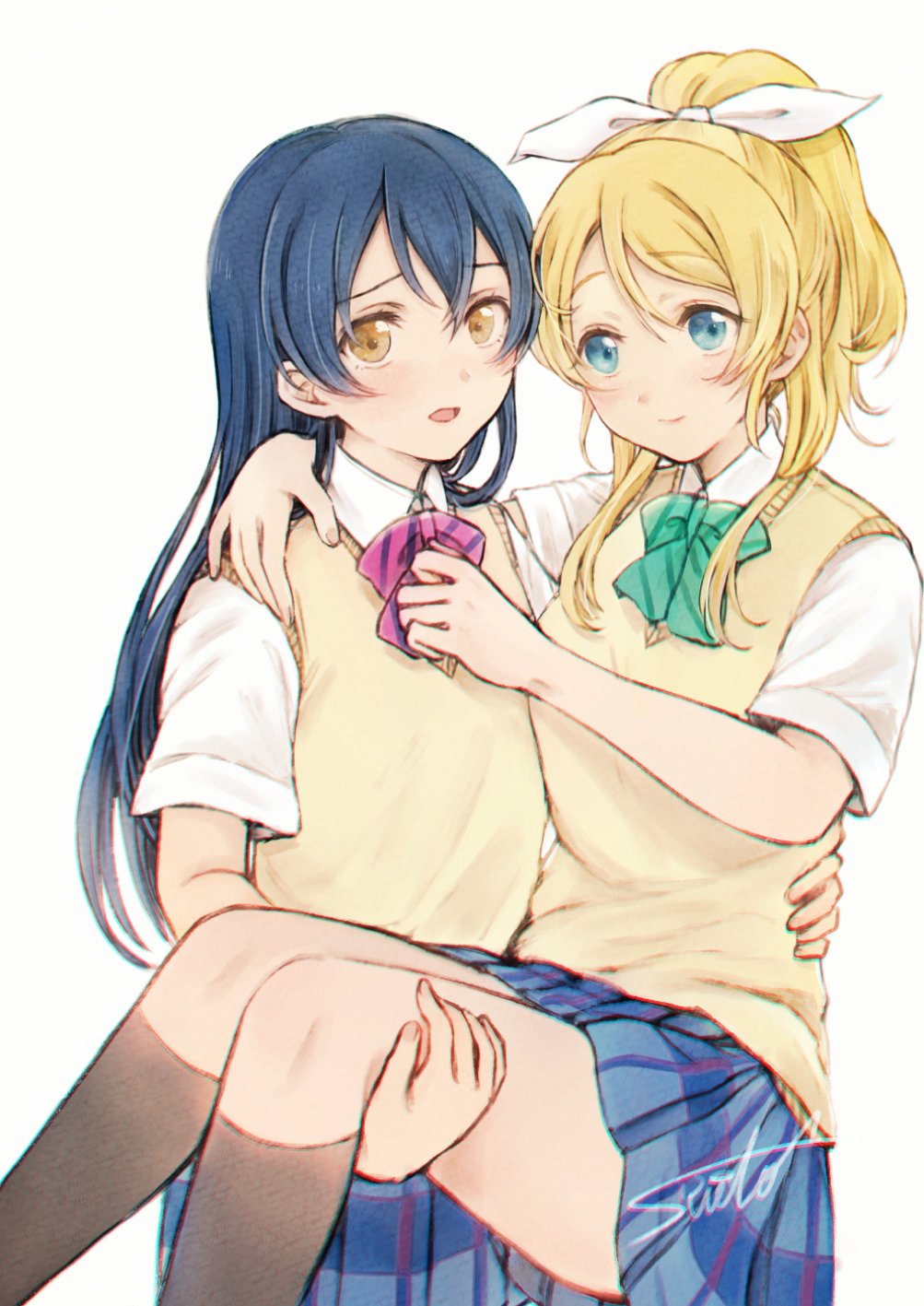 2girls ayase_eli bangs blue_hair bow carrying commentary_request hair_between_eyes highres long_hair love_live! love_live!_school_idol_project multiple_girls open_mouth otonokizaka_school_uniform ponytail princess_carry school_uniform scrunchie simple_background sonoda_umi striped striped_bow striped_neckwear suito white_background white_scrunchie yellow_eyes