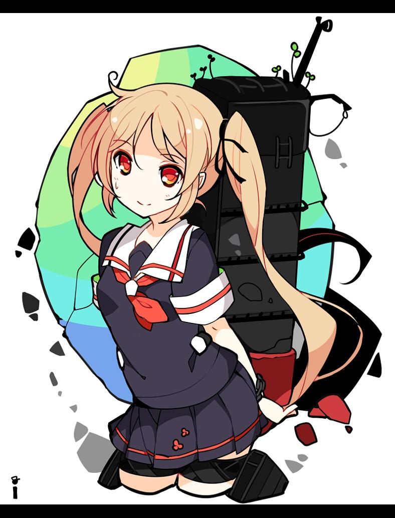 1girl arms_behind_back black_ribbon black_shirt black_skirt brown_hair commentary_request cowboy_shot cropped_legs hair_ribbon ideolo kantai_collection long_hair murasame_(kantai_collection) neckerchief orange_eyes pleated_skirt red_neckwear ribbon rigging sailor_collar school_uniform serafuku shirt short_sleeves skirt smile solo sweatdrop twintails