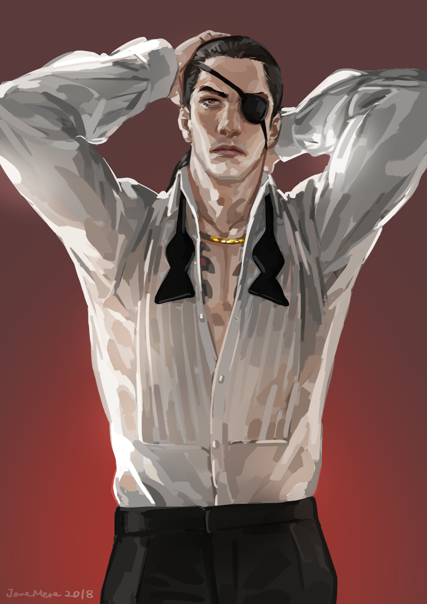 1boy arms_up black_hair black_pants cowboy_shot dress_shirt eyebrows eyepatch formal highres jane_mere looking_at_viewer majima_gorou male_focus pants red_background red_eyes ryuu_ga_gotoku ryuu_ga_gotoku_0 shirt simple_background solo tied_hair