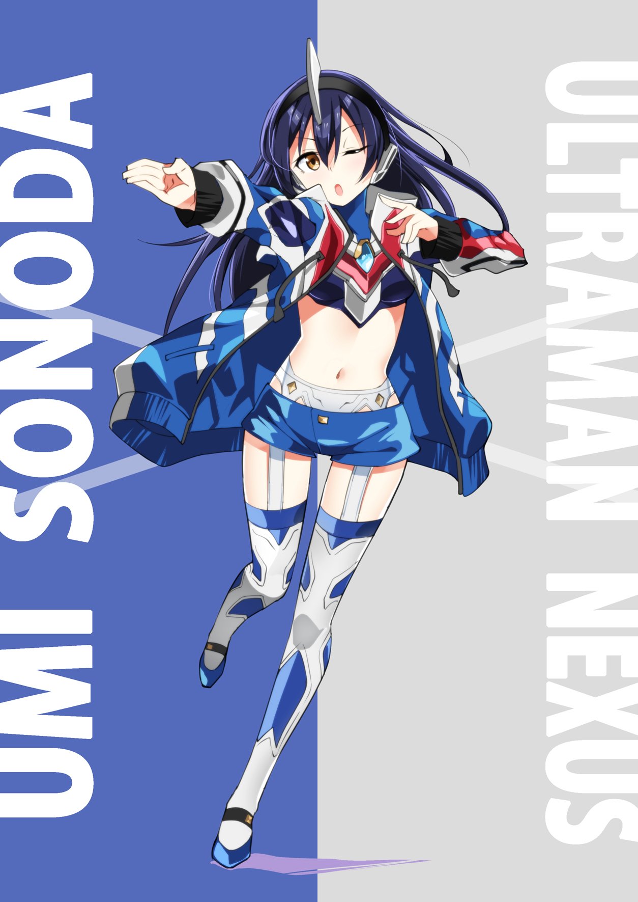 bangs blue_hair commentary_request full_body garter_belt garter_straps hair_between_eyes headphones highres jacket long_hair love_live! love_live!_school_idol_project navel one_eye_closed open_clothes open_jacket open_mouth outstretched_arm shorts sonoda_umi thigh-highs ultra_series ultraman_(1st_series) yellow_eyes