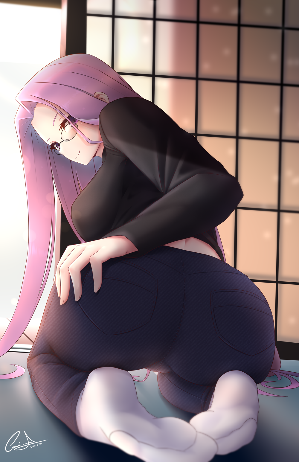 1girl artist_request ass backlighting bangs bent_over black_sweater blue_pants blush breasts closed_mouth denim fate/stay_night fate_(series) feet forehead glasses highres jeans kneeling large_breasts long_hair long_sleeves looking_at_viewer looking_back pants parted_bangs purple_hair rider shouji sliding_doors smile socks solo sweater thighs very_long_hair violet_eyes