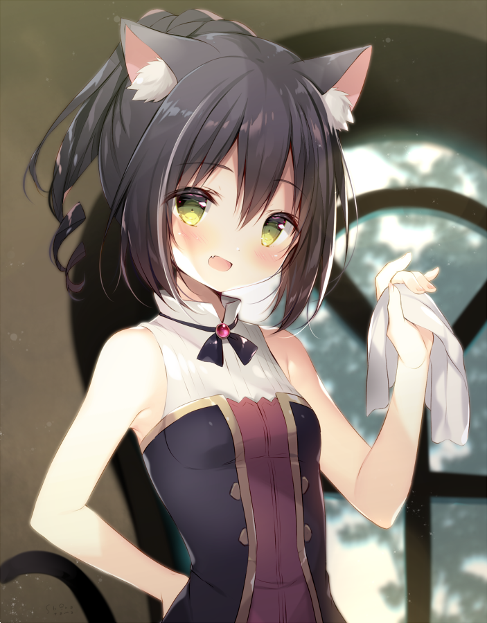 1girl :d animal_ear_fluff animal_ears arm_behind_back bangs bare_arms bare_shoulders black_hair blurry blurry_background blush breasts cat_ears cat_girl cat_tail commentary_request depth_of_field eyebrows_visible_through_hair fang green_eyes grey_hair hair_between_eyes hand_up holding kyaru_(princess_connect) multicolored_hair no_detached_sleeves open_mouth ponytail princess_connect! princess_connect!_re:dive ringlets shiratama_(shiratamaco) shirt sleeveless sleeveless_shirt small_breasts smile solo streaked_hair tail upper_body white_shirt window