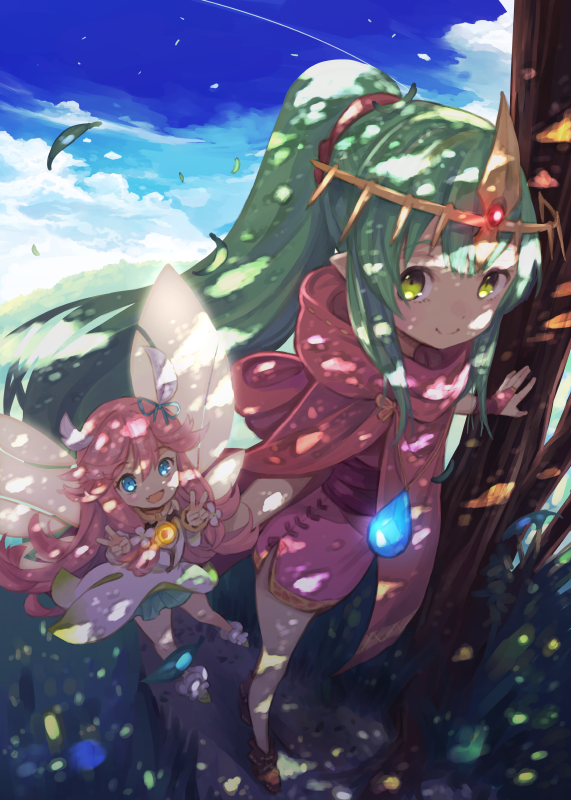 2girls blue_eyes blue_sky closed_mouth clouds crossover day double_v dragalia_lost dress fairy fairy_wings fire_emblem fire_emblem:_mystery_of_the_emblem fire_emblem_heroes green_eyes green_hair leaf long_hair multiple_girls notte_(dragalia_lost) open_mouth outdoors pink_dress pink_hair pointy_ears ponytail shadow2810 sky smile tiara tiki_(fire_emblem) tree v wings