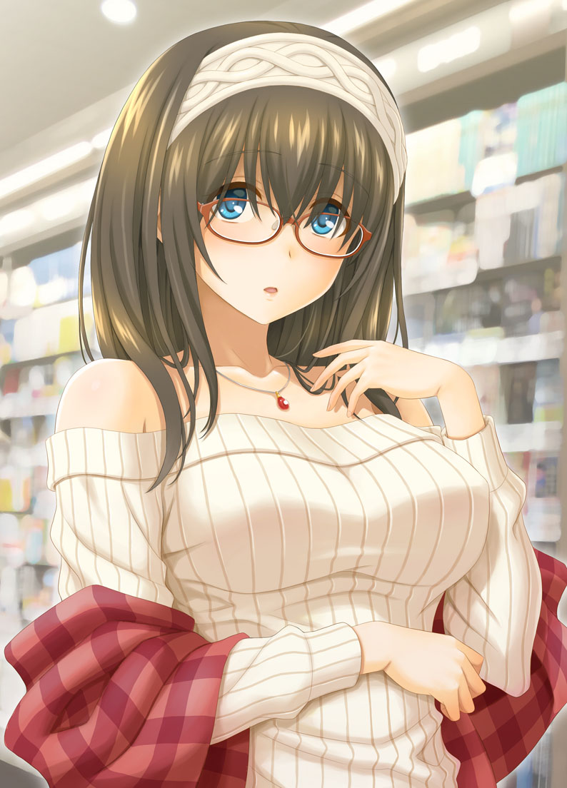 1girl bare_shoulders bespectacled black_hair blue_eyes blurry blurry_background breasts brown-framed_eyewear collarbone commentary_request glasses hairband hida_tatsuo idolmaster idolmaster_cinderella_girls jewelry large_breasts long_hair necklace off-shoulder_sweater off_shoulder plaid_shawl red_shawl ribbed_sweater sagisawa_fumika shelf solo sweater upper_body white_hairband white_sweater
