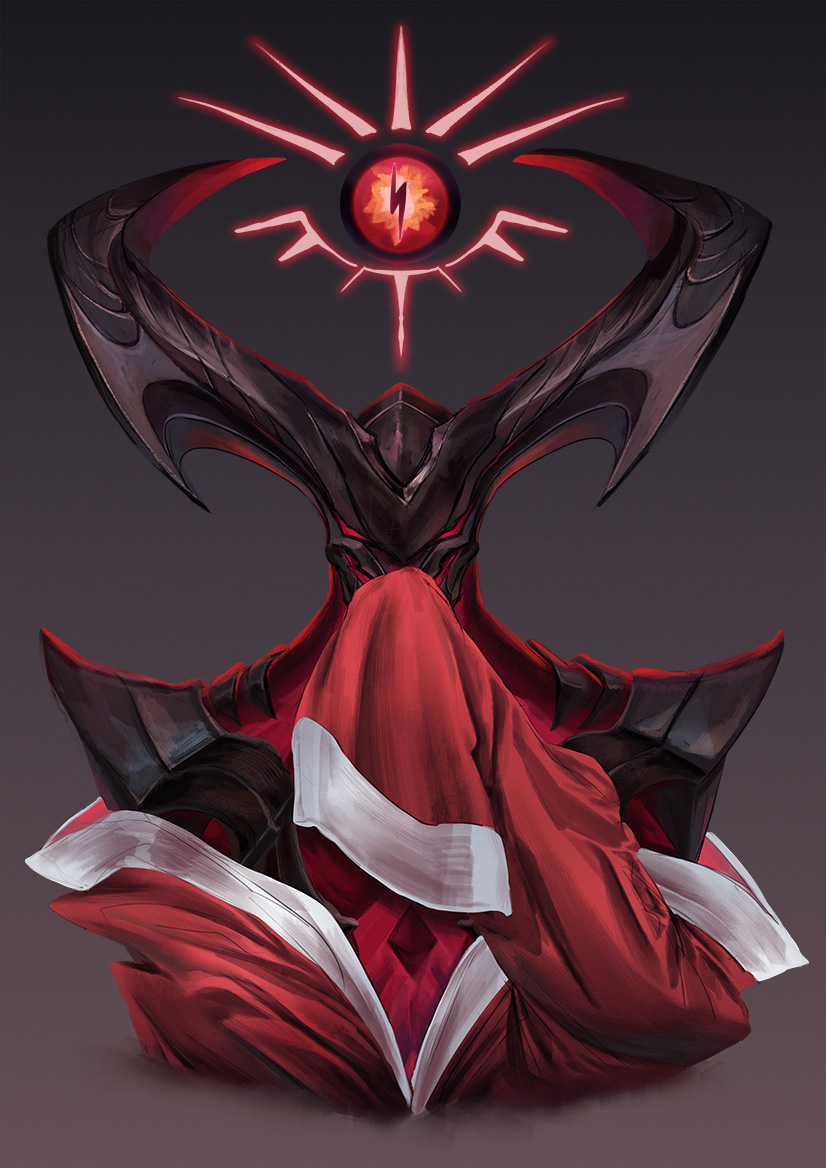 1boy bare_shoulders demon floating glowing gradient gradient_background horns japanese_clothes league_of_legends lol_kuno long_sleeves male_focus no_pupils red_eyes rhaast sleeves_past_fingers sleeves_past_wrists solo spikes upper_body