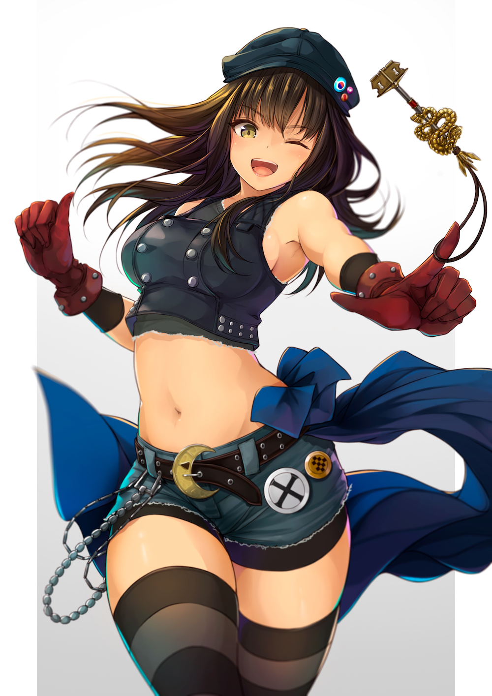 .sin 1girl ;d bangs bare_shoulders belt belt_chain bike_shorts bike_shorts_under_shorts black_belt black_hair black_headwear black_legwear breasts brown_hair cabbie_hat chain commentary_request crescent crescent_moon_pin crop_top denim denim_shorts eyebrows_visible_through_hair final_fantasy final_fantasy_vii final_fantasy_vii_remake gloves grey_background hat hat_ornament highres key kyrie_canaan large_breasts long_hair looking_at_viewer medium_breasts midriff navel one_eye_closed open_mouth pointing pointing_at_viewer red_gloves short_shorts shorts shorts_under_skirt simple_background sleeveless smile solo stomach striped striped_legwear thigh-highs upper_teeth white_background yellow_eyes