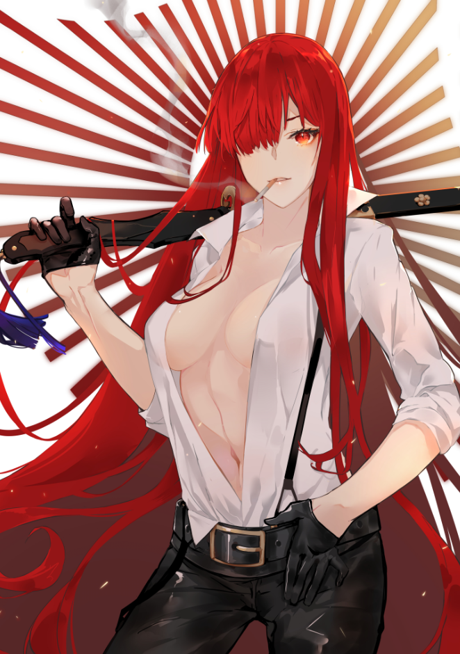 1girl alternate_costume breasts cape cigarette collared_shirt cowboy_shot fate/grand_order fate_(series) hair_over_one_eye large_breasts leather leather_belt leather_pants long_hair navel nello_(luminous_darkness) oda_nobunaga_(fate)_(all) oda_nobunaga_(maou_avenger)_(fate) open_clothes open_shirt pants red_cape red_eyes redhead sheath sheathed shirt suspenders sword weapon white_shirt