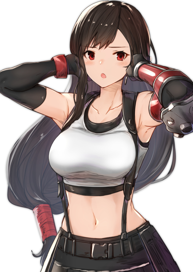 1girl :o armpits arms_up bangs bare_shoulders black_gloves black_skirt blush breasts brown_hair collarbone commentary_request cowboy_shot crop_top earrings elbow_gloves elbow_pads final_fantasy final_fantasy_vii final_fantasy_vii_remake gloves jewelry large_breasts long_hair looking_at_viewer low-tied_long_hair navel open_mouth red_eyes simple_background single_sidelock skirt sleeveless solo stomach suspender_skirt suspenders tifa_lockhart very_long_hair white_background yuuzuki_(re'ef)