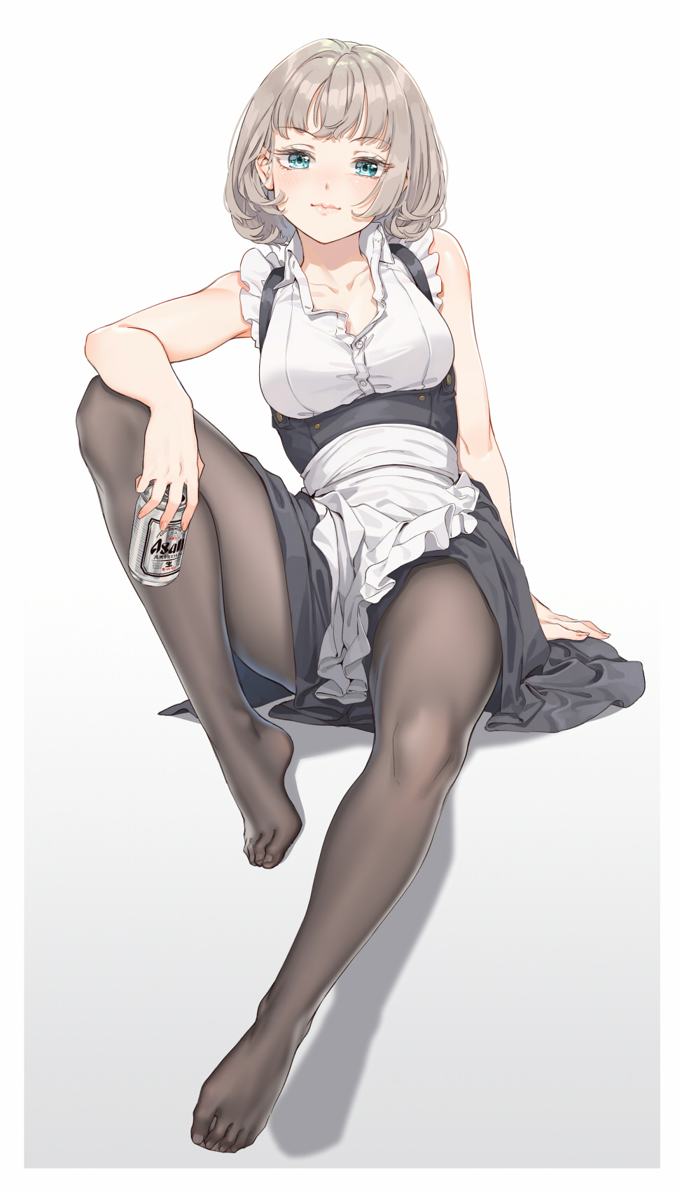 1girl :3 alcohol apron arm_support armpits bare_arms bare_shoulders beer beer_can black_skirt blue_eyes breasts brown_legwear can collarbone collared_shirt fangxiang_cuoluan feet frilled_shirt frills full_body highres holding knee_up looking_at_viewer maid maid_apron medium_breasts no_shoes original pantyhose partially_unbuttoned shadow shirt short_hair silver_hair sitting skirt sleeveless sleeveless_shirt solo underbust waist_apron white_shirt