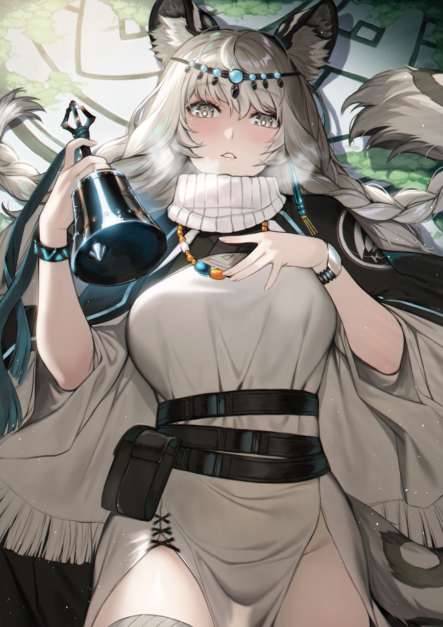 1girl animal_ear_fluff animal_ears arknights bangs bead_necklace beads bell belt black_belt blush braid breasts breath commentary_request cowboy_shot deras dress eyebrows_visible_through_hair grey_eyes hair_between_eyes hand_on_own_chest hands_up head_chain highres holding holding_bell jewelry large_breasts leopard_ears leopard_tail long_hair looking_at_viewer necklace parted_lips pouch pramanix_(arknights) silver_hair solo tail turtleneck_dress twin_braids white_dress