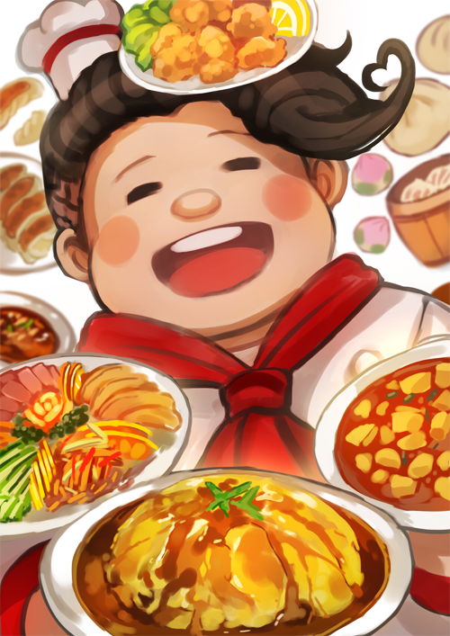 1boy brown_hair chiko_(d04099) closed_eyes dangan_ronpa dumpling food fruit hanamura_teruteru hat jiaozi lemon male_focus medium_hair mini_hat open_mouth red_neckwear round_teeth simple_background smile solo super_dangan_ronpa_2 teeth upper_body upper_teeth white_background white_headwear