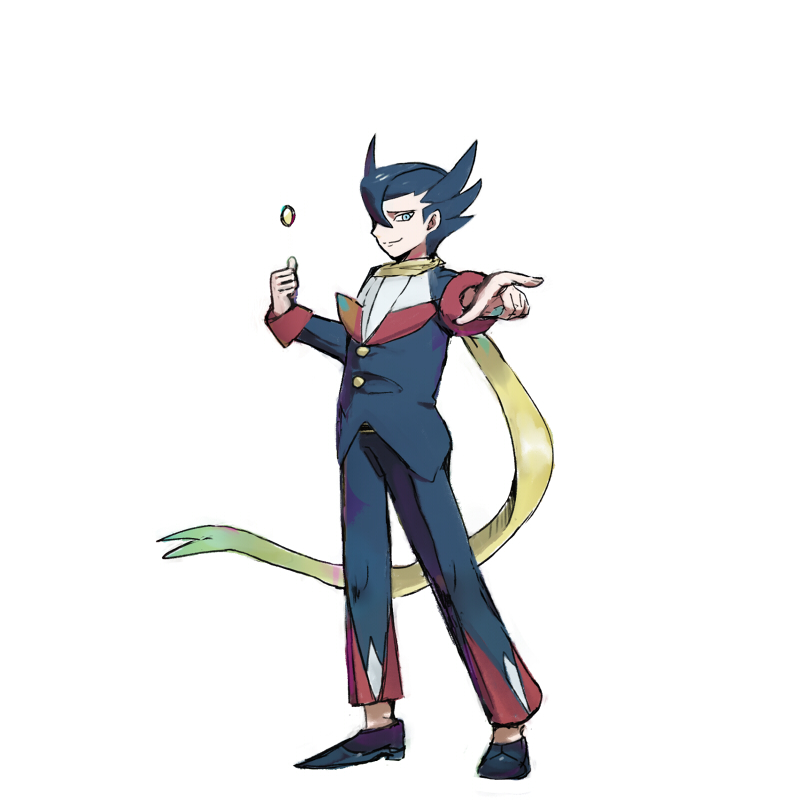 1boy black_footwear black_hair blue_eyes byte_(grunty-hag1) commentary_request giima_(pokemon) hair_between_eyes long_sleeves male_focus pants pointing pokemon shoes simple_background smirk standing white_background