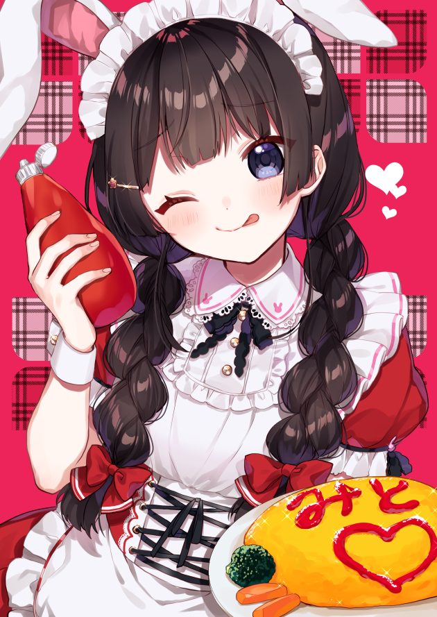 1girl ;p animal_ears apron bangs black_hair blue_eyes blush bottle bow braid carrot closed_mouth collared_shirt eyebrows_visible_through_hair food frilled_apron frills hair_bow hair_over_shoulder heart holding holding_bottle ketchup_bottle long_hair low_twintails maid_headdress nijisanji omurice one_eye_closed plaid plaid_background plate puffy_short_sleeves puffy_sleeves rabbit_ears red_bow red_skirt shirt short_sleeves skirt smile solo tongue tongue_out tsukino_mito twin_braids twintails virtual_youtuber white_apron white_shirt yamabukiiro