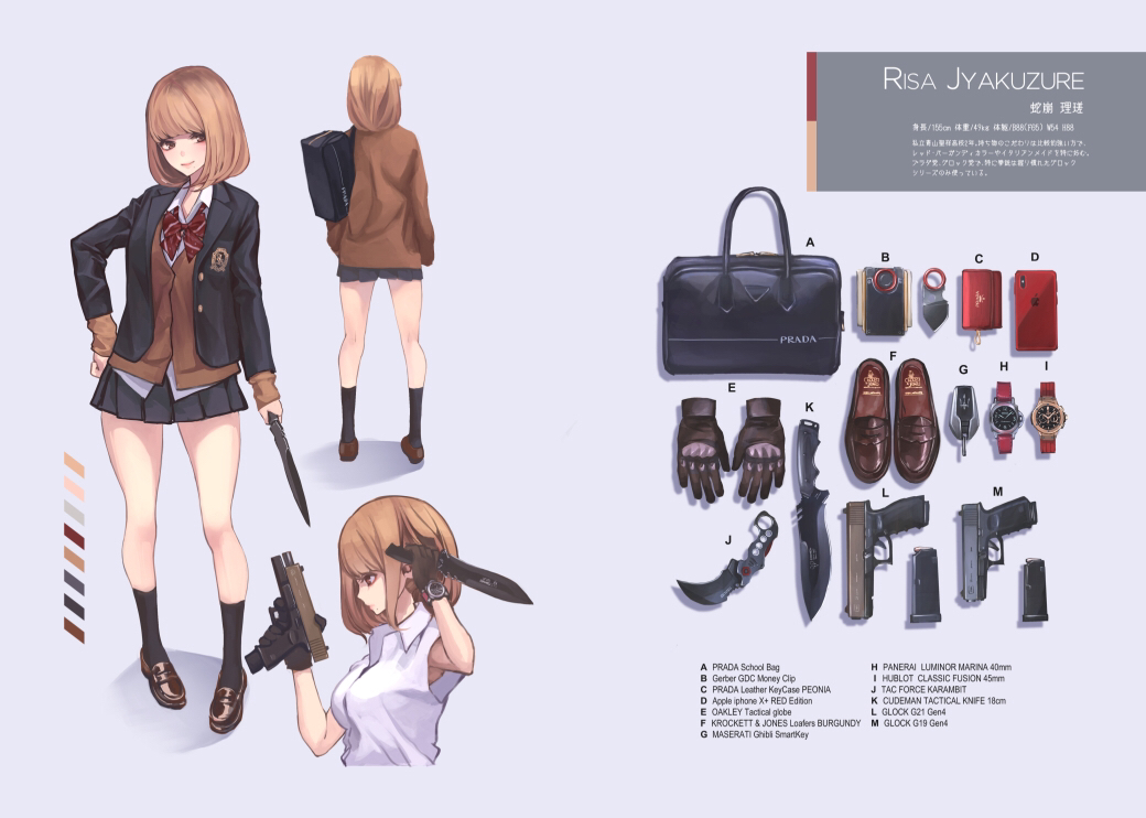 1girl bag bangs bare_thighs blazer blunt_bangs bow brown_eyes brown_hair cardigan cellphone character_name character_sheet english_text fashion from_behind full_body gloves gun handgun holding holding_gun holding_weapon iphone_x jacket karambit knife koh_(minagi_kou) looking_at_viewer magazine_(weapon) miniskirt multiple_views multiple_weapons open_blazer open_clothes open_jacket original phone pleated_skirt profile revision school_uniform shoes short_hair skirt smartphone standing up_sleeve watch watch weapon white_background