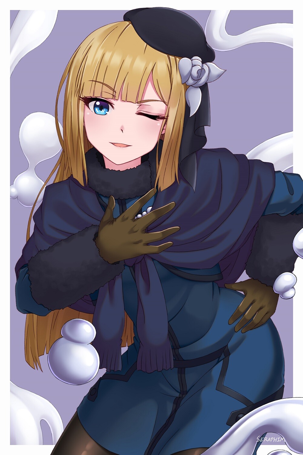 1girl bangs black_headwear blonde_hair blue_eyes blue_jacket blue_sweater breasts brown_gloves fate_(series) fur_collar gloves grey_rose hand_on_hip hand_on_own_chest highres jacket long_hair long_sleeves looking_at_viewer lord_el-melloi_ii_case_files mercury_(element) one_eye_closed paolo_espana parted_lips reines_el-melloi_archisorte small_breasts smile solo sweater sweater_around_neck tilted_headwear volumen_hydragyrum