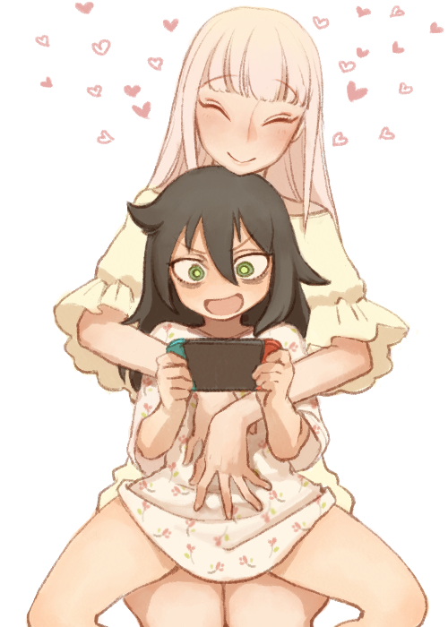 2girls :d ^_^ bags_under_eyes black_hair blush bobfosse casual closed_eyes commentary_request dress floral_print green_eyes hands_on_another's_stomach heart holding_handheld_game_console hug hug_from_behind katou_asuka kuroki_tomoko long_hair multiple_girls nintendo_switch off-shoulder_shirt off_shoulder open_mouth pink_hair playing_games print_dress shirt simple_background sitting sitting_on_lap sitting_on_person smile spread_legs sweat watashi_ga_motenai_no_wa_dou_kangaetemo_omaera_ga_warui! white_background