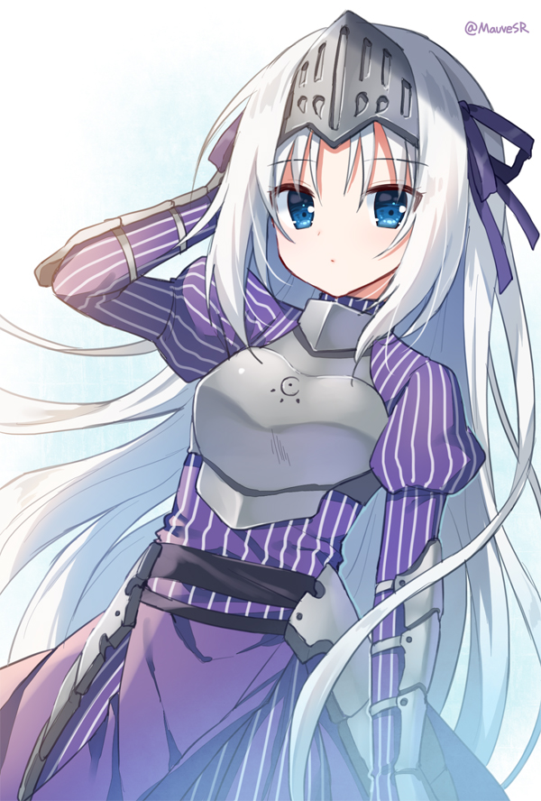 1girl arm_up armor armored_dress bangs blue_eyes blush breastplate breasts closed_mouth commentary_request dress eucliwood_hellscythe eyebrows_visible_through_hair hair_between_eyes hair_ribbon hand_behind_head headpiece juliet_sleeves kore_wa_zombie_desu_ka? long_hair long_sleeves looking_at_viewer mauve parted_bangs puffy_sleeves purple_dress purple_ribbon ribbon silver_hair simple_background small_breasts solo striped twitter_username vertical-striped_dress vertical_stripes very_long_hair white_background