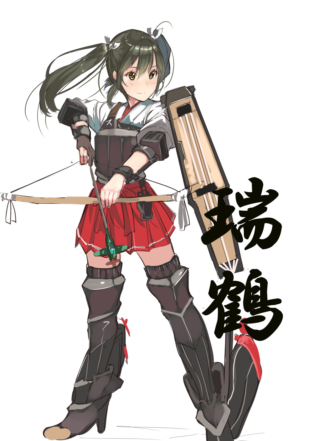 1girl arrow boots bow_(weapon) closed_mouth flight_deck floating_hair green_hair high_heel_boots high_heels highres holding holding_bow_(weapon) holding_weapon kagematsuri kantai_collection knee_boots long_hair muneate pleated_skirt red_skirt simple_background skirt smile solo thigh-highs twintails weapon white_background yellow_eyes zettai_ryouiki zuikaku_(kantai_collection)