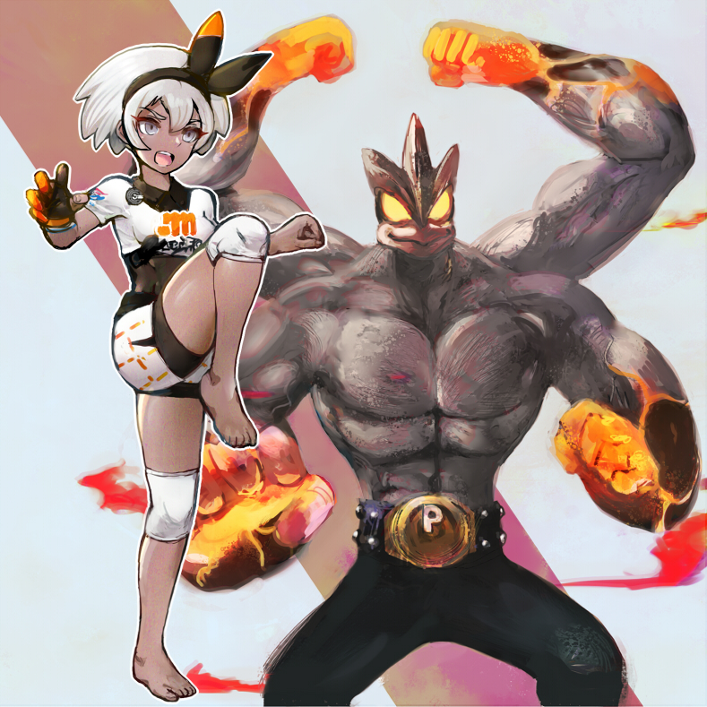 1girl barefoot breasts byte_(grunty-hag1) commentary_request feet fighting_stance furrowed_eyebrows gen_1_pokemon gigantamax gigantamax_machamp gloves grey_eyes machamp open_mouth pokemon pokemon_(game) pokemon_swsh saitou_(pokemon) short_hair simple_background single_glove small_breasts standing standing_on_one_leg white_background white_hair