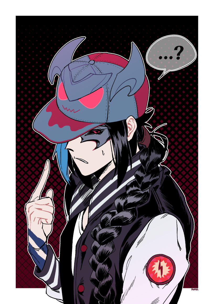 ...? 1boy black_hair black_sclera blue_hair braid fingernails hat horns jacket kayn league_of_legends lol_kuno long_hair male_focus multicolored multicolored_hair ponytail red_eyes signature solo speech_bubble sweat tattoo upper_body