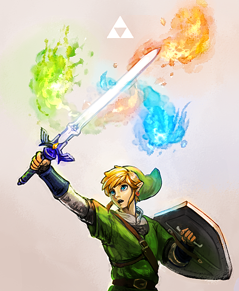 1boy belt blonde_hair blue_eyes blue_fire butiboco chainmail earrings fingerless_gloves fire gloves green_fire green_headwear green_tunic jewelry link looking_up master_sword open_mouth pointy_ears shield the_legend_of_zelda the_legend_of_zelda:_skyward_sword triforce