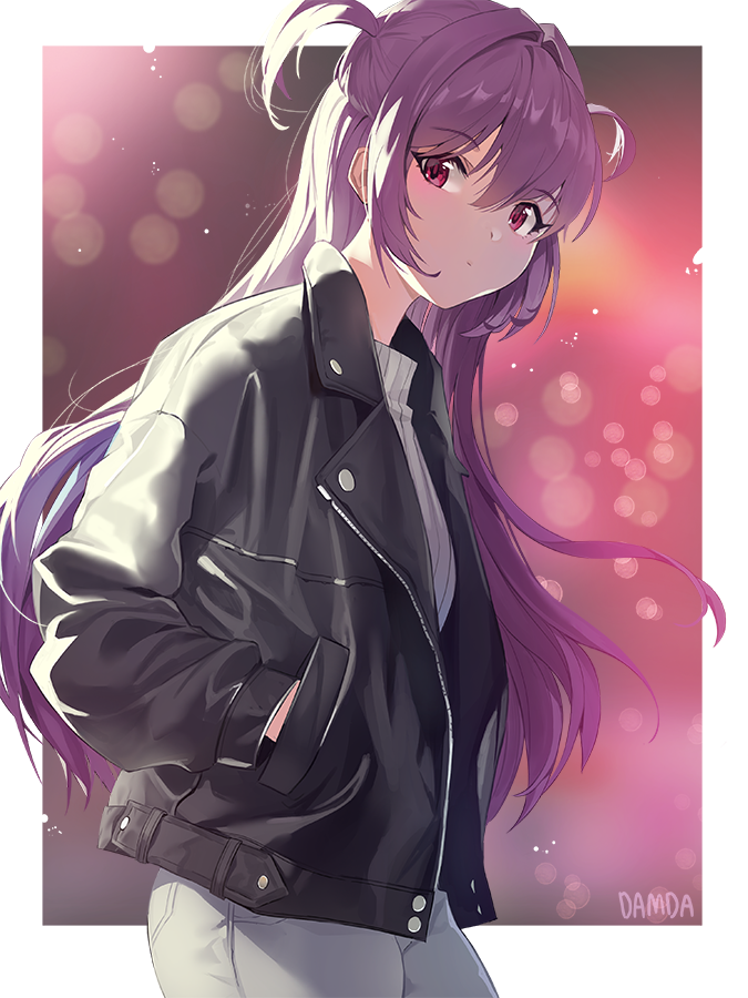 1girl alternate_costume artist_name border commentary_request damda denim expressionless fate/grand_order fate_(series) hair_intakes hands_in_pockets jacket jeans leather leather_jacket long_hair open_clothes open_jacket pants purple_hair red_eyes ribbed_sweater scathach_(fate)_(all) scathach_(fate/grand_order) short_sidetail solo sweater two_side_up white_border younger zipper