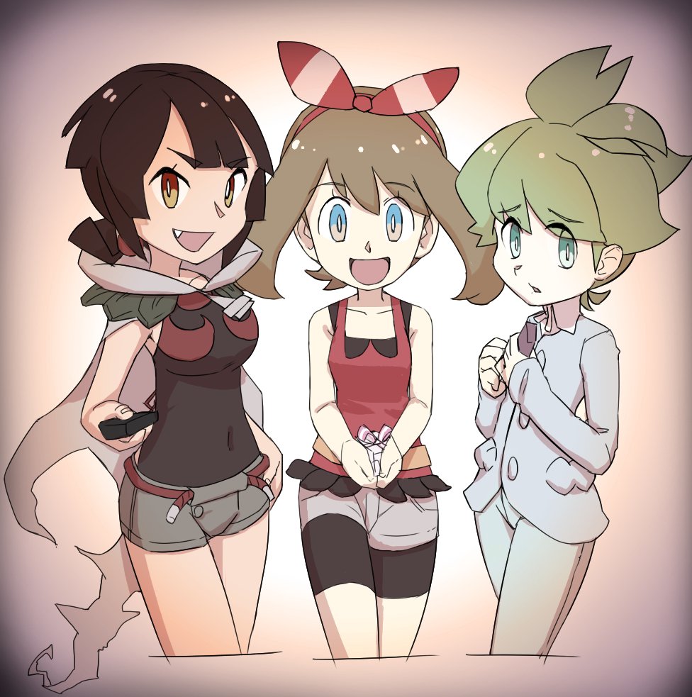 1boy bike_shorts black_hair black_shirt blue_eyes breasts brown_hair cloak dark_skin gift haruka_(pokemon) higana_(pokemon) looking_at_viewer mitsuru_(pokemon) multiple_girls nyonn24 open_mouth pokemon pokemon_(game) pokemon_oras shirt short_hair short_ponytail short_shorts shorts simple_background sleeveless smile