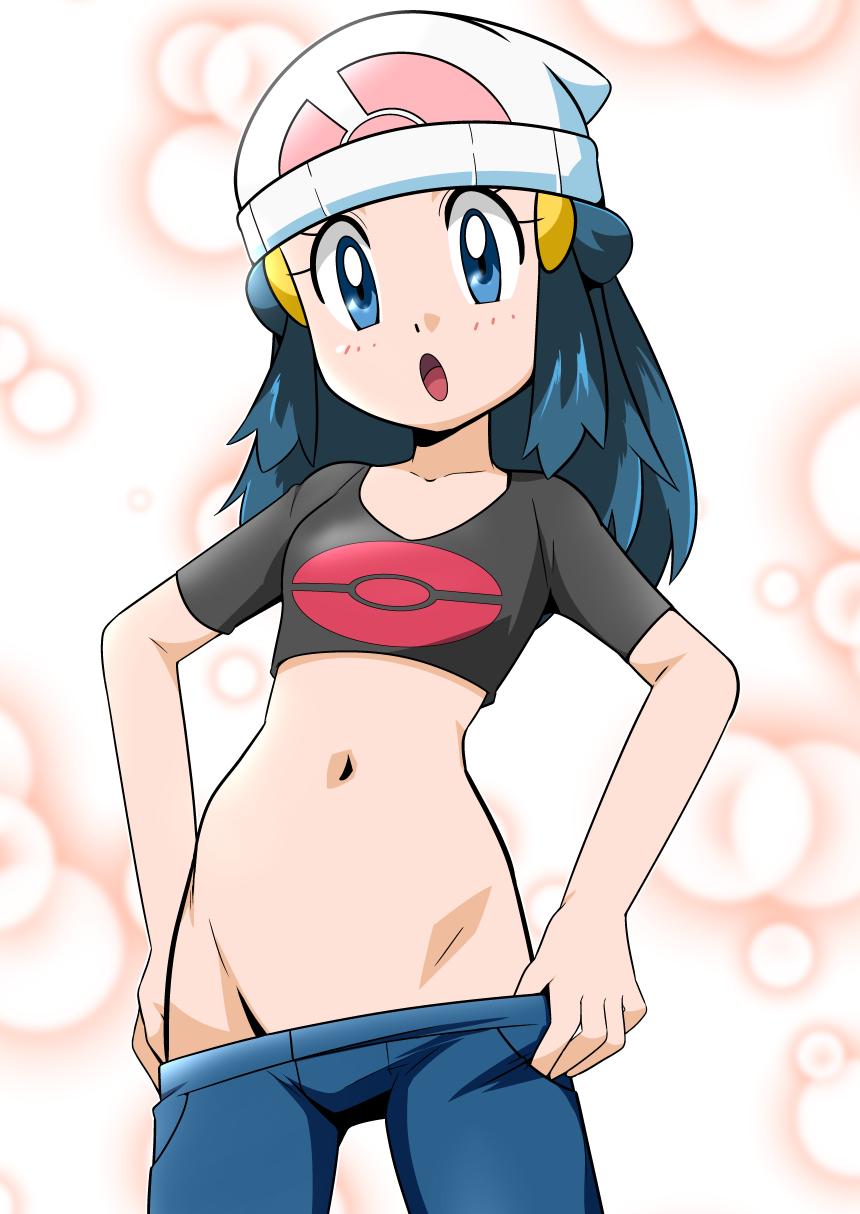 1girl beanie blue_eyes blue_hair denim groin hainchu hair_ornament hat highres hikari_(pokemon) jeans long_hair looking_at_viewer open_mouth pants pokemon pokemon_(game) pokemon_dppt