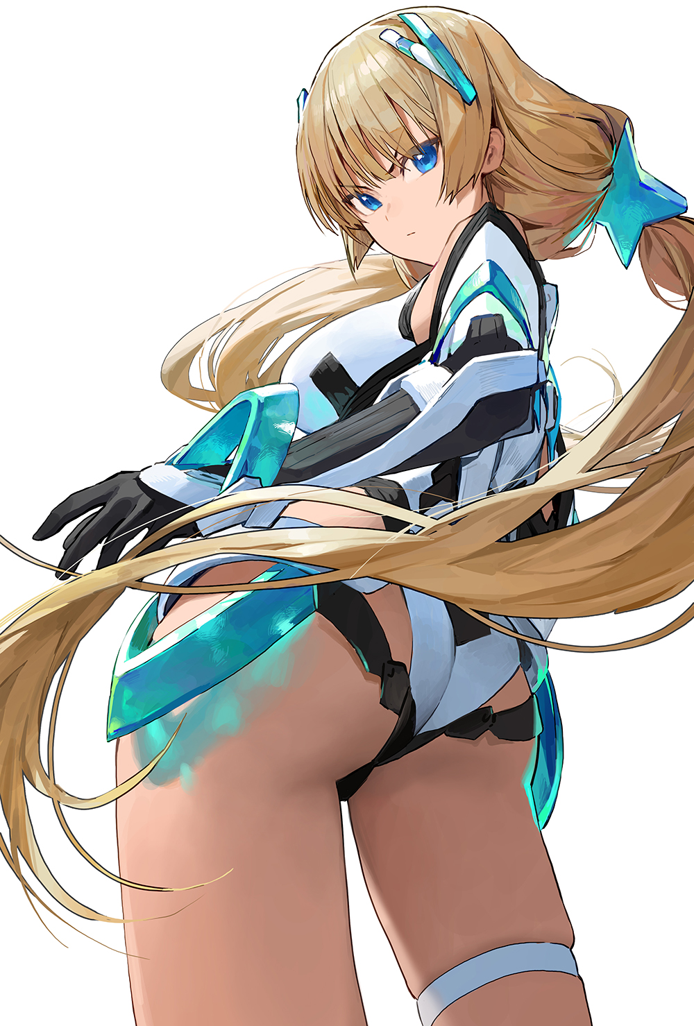 1girl angela_balzac ass back bangs bare_shoulders black_gloves blonde_hair blue_eyes breasts closed_mouth deva_battle_suit elbow_gloves gloves highleg highleg_leotard highres large_breasts leotard long_hair looking_at_viewer looking_back low_twintails mossi neon_trim rakuen_tsuihou simple_background solo thigh_strap thighs twintails very_long_hair white_background
