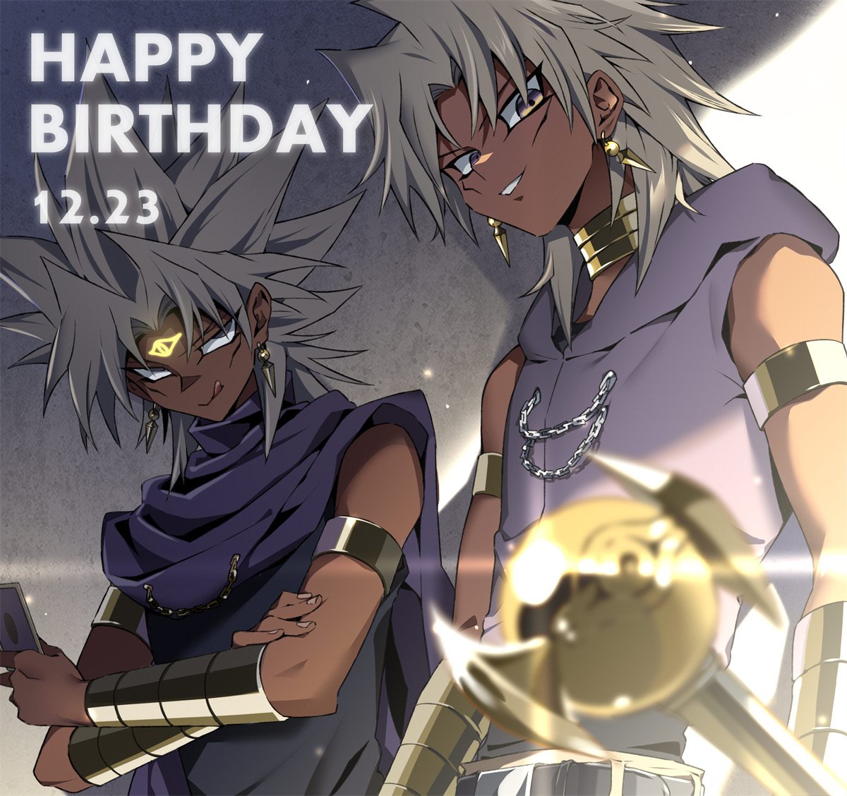 2boys :q armlet bare_shoulders belt black_belt blonde_hair cape card chain dark-skinned_male dark_skin dated earrings eye_focus facial_mark happy_birthday holding holding_card hood hood_down jewelry long_hair looking_at_another male_focus marik_ishtar millennium_rod multiple_boys parted_lips pira_811 pointy_ears purple_cape smile spiky_hair teeth tongue tongue_out upper_body yami_marik yu-gi-oh! yu-gi-oh!_duel_monsters