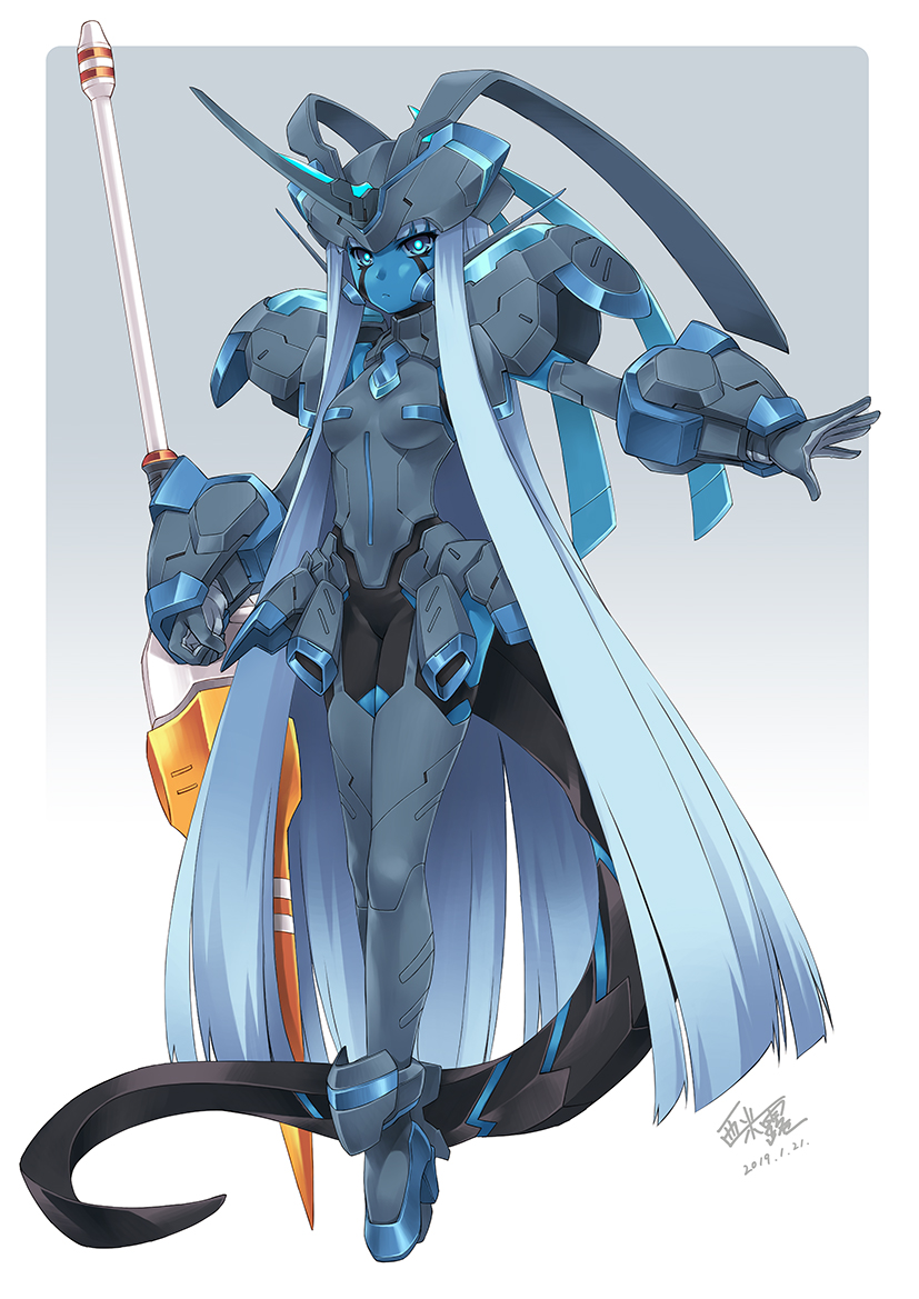 001_(darling_in_the_franxx) bangs blue_eyes blue_hair blue_skin cosplay darling_in_the_franxx horn lance long_hair mecha mecha_musume mechanical_tail polearm power_armor simelu strelizia strelizia_(cosplay) tail very_long_hair weapon