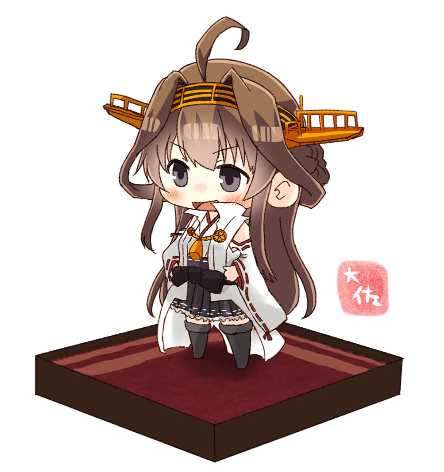 1girl ahoge artist_name black_eyes black_skirt boots brown_hair carpet chibi detached_sleeves double_bun hairband hands_on_hips headgear isometric japanese_clothes kantai_collection kongou_(kantai_collection) long_hair popped_collar remodel_(kantai_collection) ribbon-trimmed_sleeves ribbon_trim simple_background skirt smile solo standing taisa_(kari) thigh-highs thigh_boots white_background