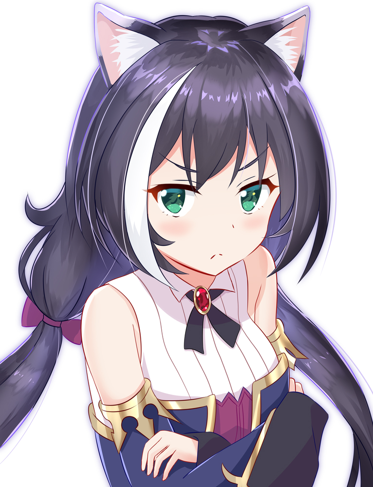 &gt;:( 1girl animal_ear_fluff animal_ears bare_shoulders black_hair blue_sleeves blush bow breasts cat_ears closed_mouth commentary_request derivative_work detached_sleeves green_eyes hair_bow kyaru_(princess_connect) light_frown long_hair long_sleeves looking_at_viewer low_twintails multicolored_hair princess_connect! princess_connect!_re:dive purple_bow shirt simple_background sleeveless sleeveless_shirt sleeves_past_wrists small_breasts solo streaked_hair twintails v-shaped_eyebrows white_background white_hair white_shirt yutsuki_warabi