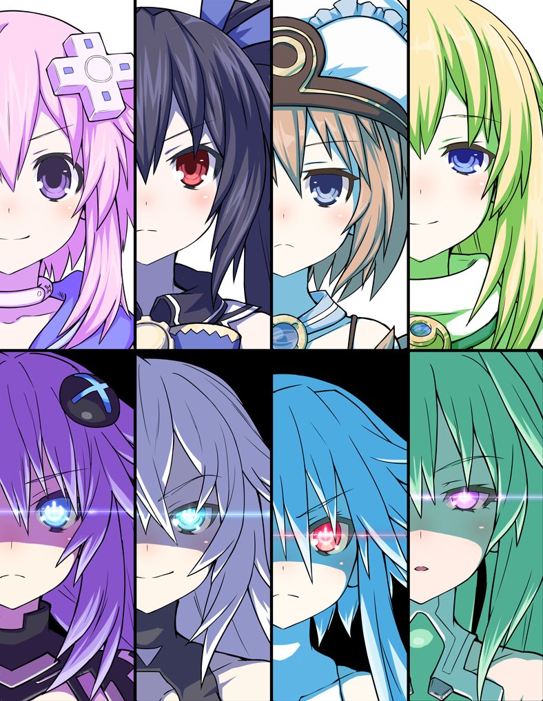 6+girls bangs bare_shoulders black_hair black_heart blanc blonde_hair blue_eyes blue_hair blush brown_hair closed_mouth commentary_request cut-in d-pad d-pad_hair_ornament expressionless eyebrows_visible_through_hair face green_hair green_heart hair_between_eyes hair_ornament hair_ribbon hat long_hair looking_at_viewer multiple_girls neptune_(neptune_series) neptune_(series) noire ponytail portrait power_symbol purple_hair purple_heart red_eyes ribbon short_hair short_hair_with_long_locks sidelocks smile symbol-shaped_pupils twintails up_(mmmmmmmmss) vert violet_eyes white_hair white_heart