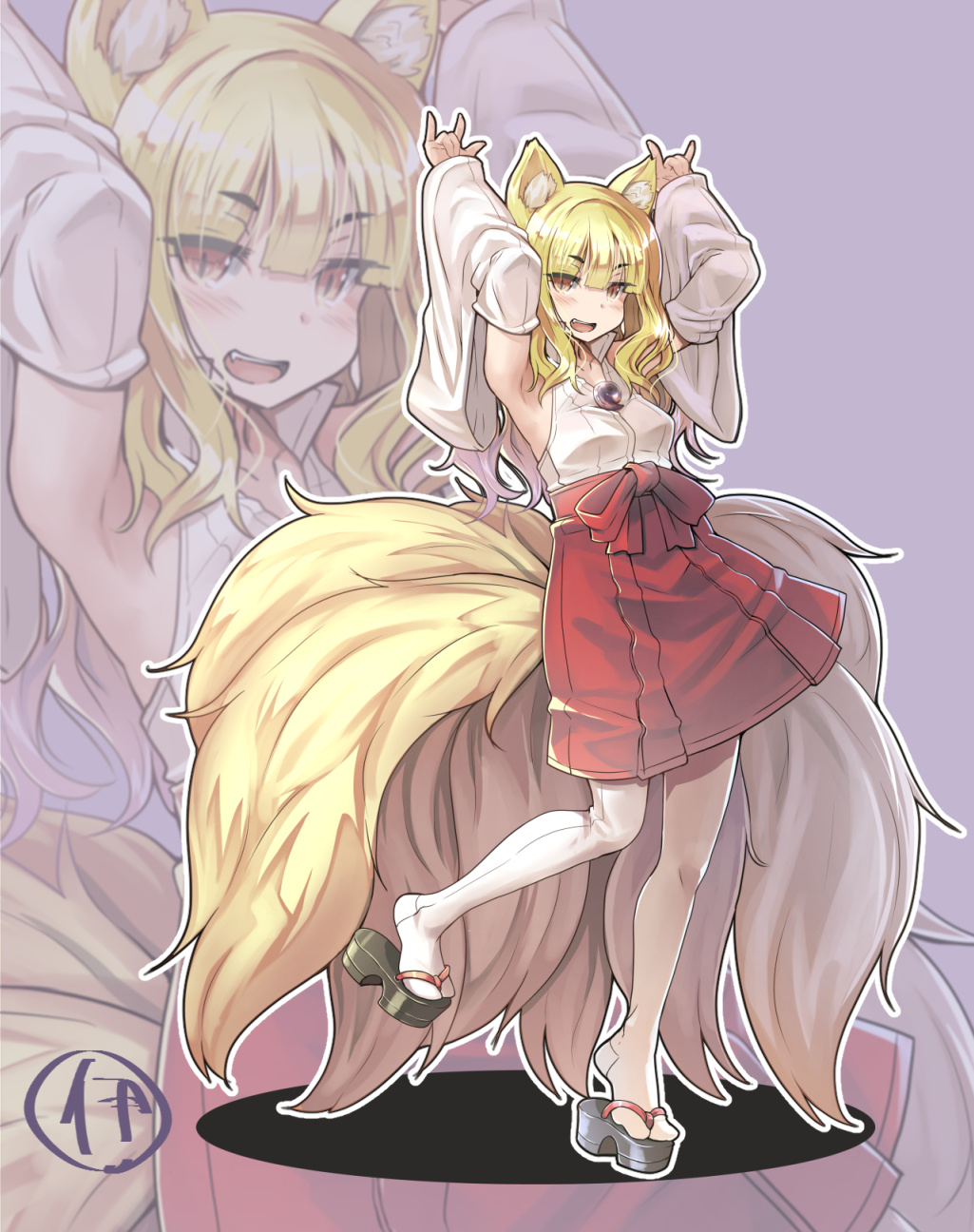 1girl :d \m/ animal_ear_fluff animal_ears armpits arms_up blonde_hair blush brown_eyes detached_sleeves double_\m/ eyebrows_visible_through_hair fang fox_ears fox_shadow_puppet fox_tail hakama hakama_skirt highres itou_ryuusei japanese_clothes large_tail long_hair looking_at_viewer magatama miko multiple_tails open_mouth original red_hakama red_skirt shirt skirt slit_pupils smile solo tail thigh-highs white_legwear white_shirt wide_sleeves zoom_layer