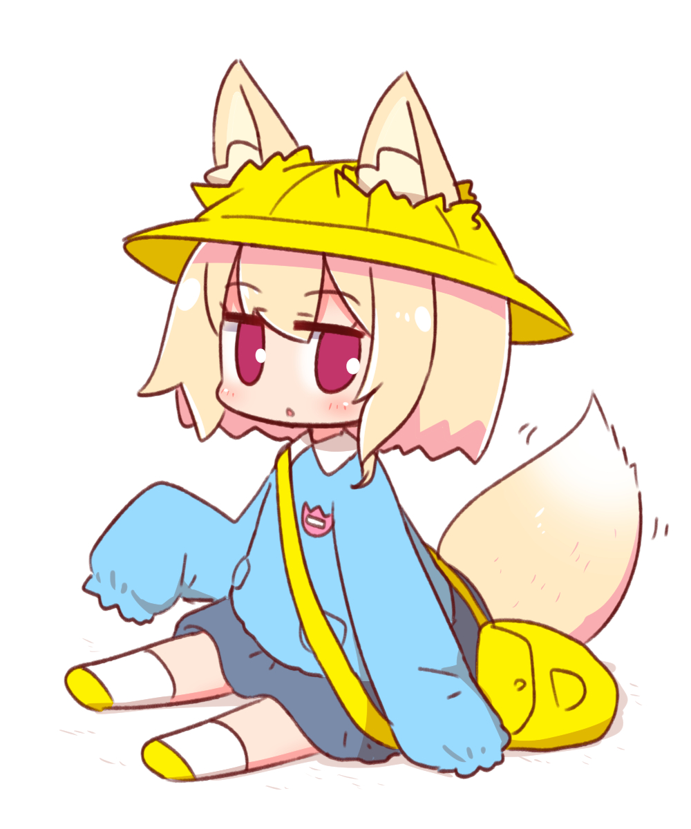 1girl :o animal_ear_fluff animal_ears bag bangs blonde_hair blue_shirt blue_skirt blush collared_shirt ears_through_headwear eyebrows_visible_through_hair fox_ears fox_girl fox_tail full_body hair_between_eyes hat highres kemomimi-chan_(naga_u) kindergarten_bag kindergarten_uniform kneehighs long_hair long_sleeves looking_at_viewer naga_u original parted_lips red_eyes school_hat shadow shirt sidelocks sitting skirt sleeves_past_fingers sleeves_past_wrists solo tail white_background white_legwear yellow_footwear yellow_headwear