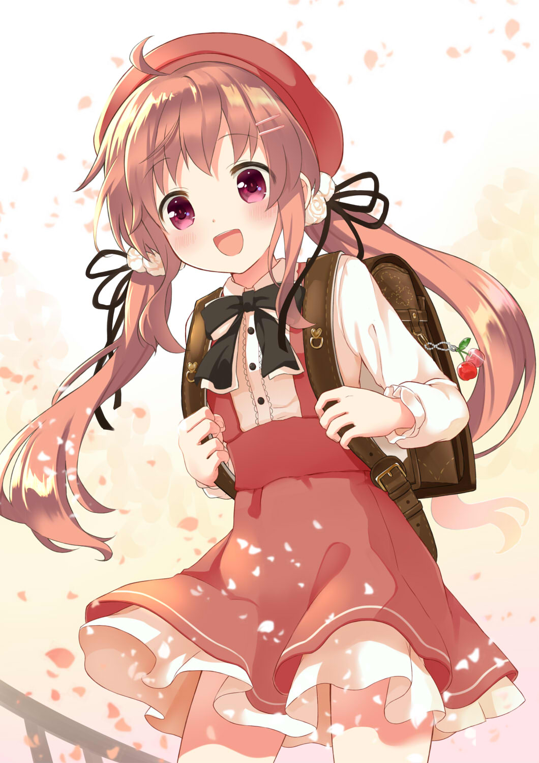 1girl :d ahase_hino backpack bag bag_charm black_bow black_ribbon bow brown_hair charm_(object) cherry_blossoms day dress hair_ornament hairclip hat highres long_hair long_sleeves looking_at_viewer low_twintails open_mouth original outdoors randoseru red_dress red_headwear ribbon smile standing twintails